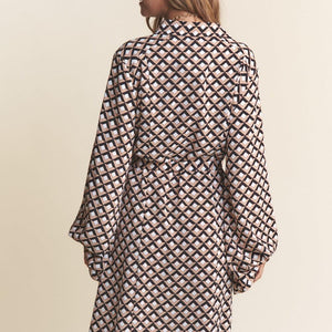 J.NNA Geometric Balloon Long Sleeve Midi Dress