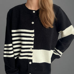 Striped Color Block Round Neck Cardigan