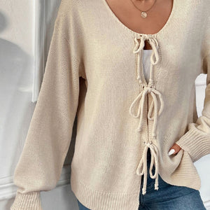 Perfee Tied Round Neck Long Sleeve Cardigan