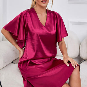 Satin Flutter Sleeve Side Slit V-Neck Night Dress