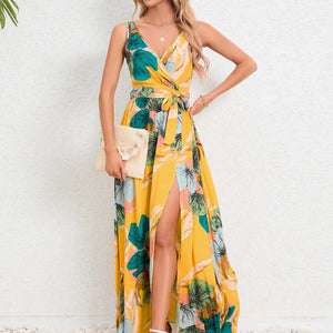 Slit Tied Printed Surplice Dress