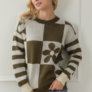 Contrast Round Neck Long Sleeve Sweater