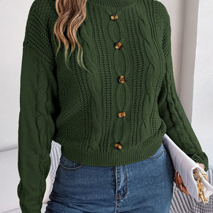 Cable-Knit Buttoned Round Neck Sweater