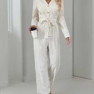 Striped Notched Long Sleeve Tie Waist Jumpsuit