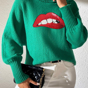 Lip Turtleneck Long Sleeve Sweater