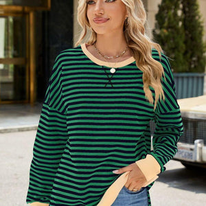 Slit Striped Round Neck Long Sleeve Sweatshirt