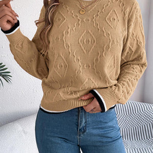 Contrast Trim Round Neck Long Sleeve Sweater