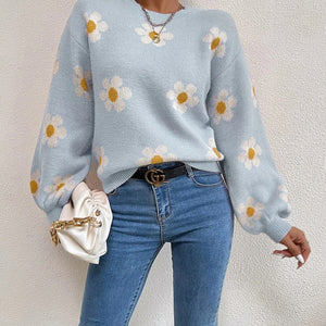 Flower Round Neck Latern Sleeve Sweater