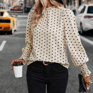 Polka Dot Mock Neck Long Sleeve Blouse