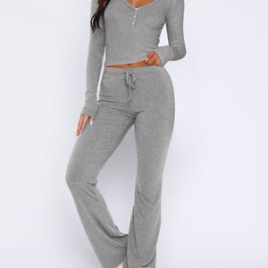 V-Neck Long Sleeve Top and Pants Set