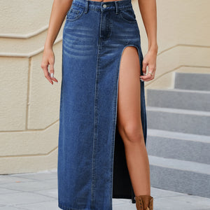 Slit Buttoned Denim Skirt with Pockets