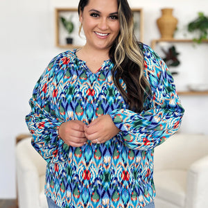 Double Take Full Size Printed Balloon Sleeve Blouse