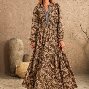 Ruched Printed Notched Long Sleeve Maxi Dress