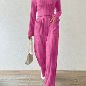 Ribbed V-Neck Long Sleeve Top and Pocketed Pants Set