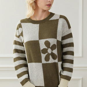 Contrast Round Neck Long Sleeve Sweater