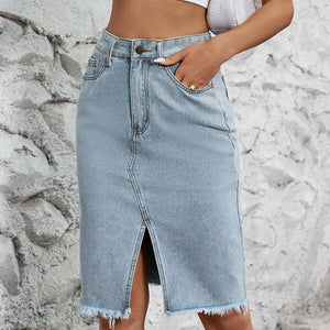 Raw Hem Slit Denim Skirt