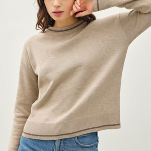 Be Cool Striped Trim Round Neck Long Sleeve Sweater