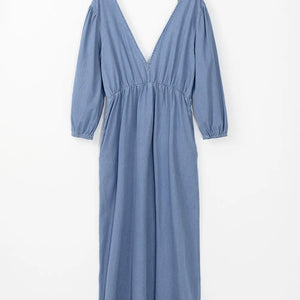 Tied Plunge Three-Quarter Sleeve Denim Dress