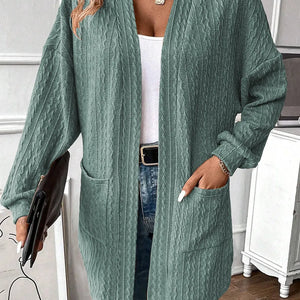 Textured Pocketed Open Front Long Sleeve Cover Up