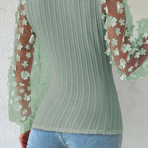 Double Take Textured Applique Long Sleeve Blouse