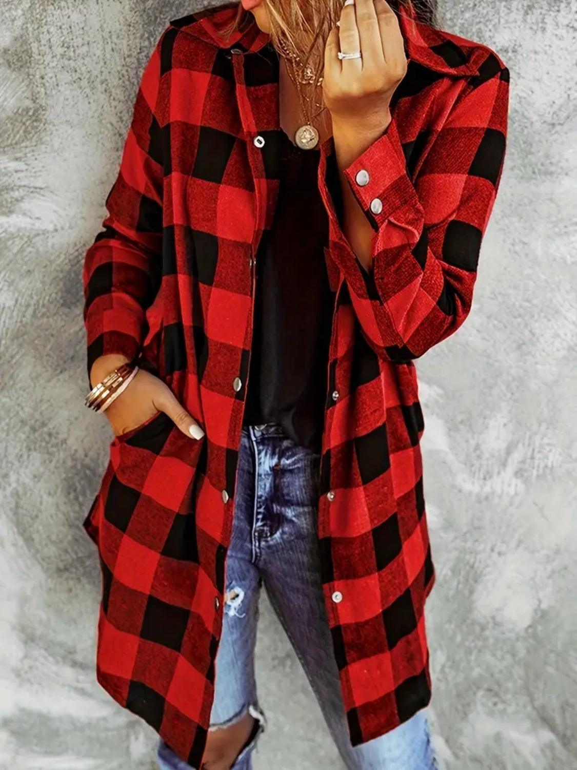 Plaid Collared Neck Snap Down Long Sleeve Jacket