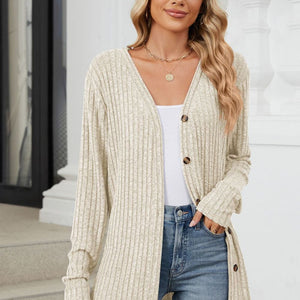 Ribbed Button Up Long Sleeve Cardigan