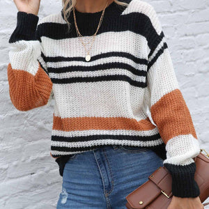 Contrast Striped Round Neck Long Sleeve Sweater