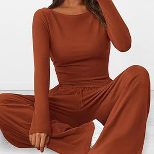 Round Neck Long Sleeve Top and Pants Set