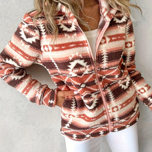 Geometric Zip Up Long Sleeve Hooded Jacket