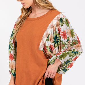 SAGE + FIG Full Size Printed Balloon Sleeve Contrast Top