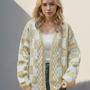 Double Take Checkered Open Front Dropped Shoulder Cardigan