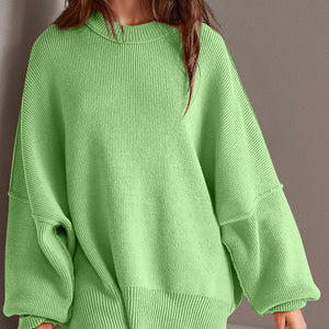 Double Take Side Slit Round Neck Long Sleeve Sweater