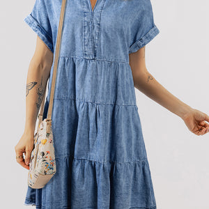 Raw Hem Collared Neck Short Sleeve Denim Dress