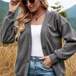 Shiny Button Down V-Neck Dropped Shoulder Jacket