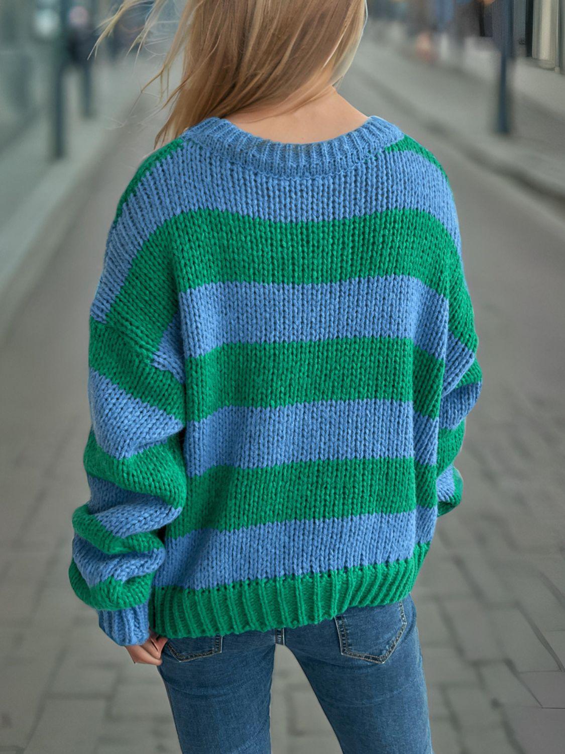 Contrast Striped Round Neck Long Sleeve Sweater