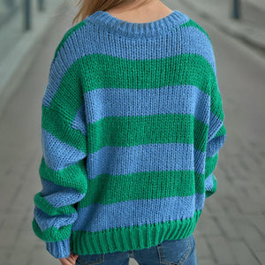 Contrast Striped Round Neck Long Sleeve Sweater