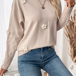 Perfee Flower Round Neck Long Sleeve Sweater