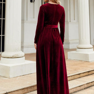 Tie Front Round Neck Long Sleeve Maxi Dress