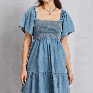 Smocked Square Neck Mini Denim Dress