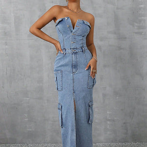 Slit Half Button Tube Denim Dress