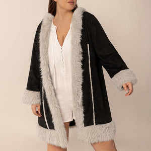 Plus Size Fuzzy Trim Open Front Long Sleeve Hooded Coat