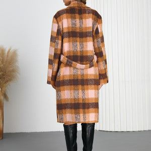 Tied Plaid Collared Neck Coat