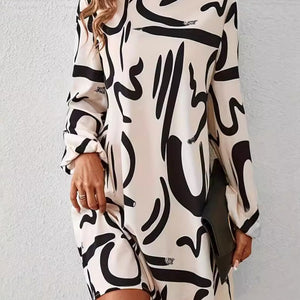 Printed Mock Neck Long Sleeve Mini Dress