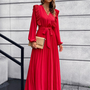 Pleated Surplice Tie Waist Maxi Dress