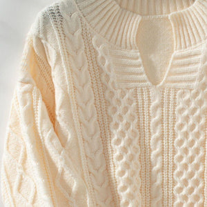 Cable-Knit Notched Long Sleeve Sweater