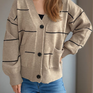 Striped Button Down V-Neck Long Sleeve Cardigan