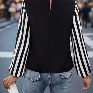 Striped Collared Neck Long Sleeve Blouse