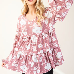 Celeste Full Size Tiered Floral V-Neck Long Sleeve Blouse