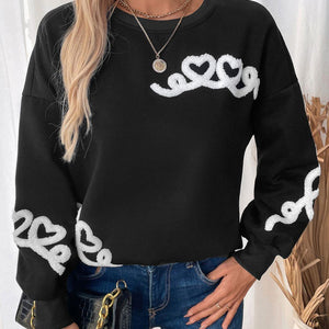 Perfee Heart Round Neck Long Sleeve Sweater