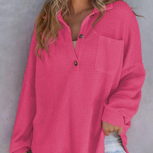 Waffle-Knit Dropped Shoulder Long Sleeve Sweatshirt